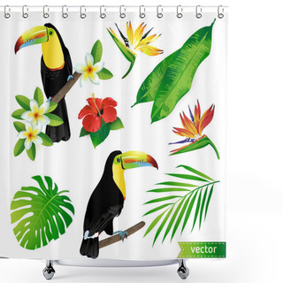 Personality  Set Of Tropical Flowers, Leaves And Birds. Toucan. Vector.  Shower Curtains