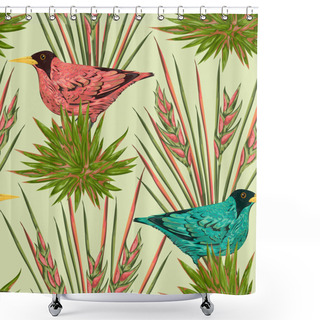 Personality  Seamless Pattern With Tropical Birds And Plants. Exotic Flora And Fauna. Vintage Hand Drawn Vector Illustration In Watercolor Style Shower Curtains