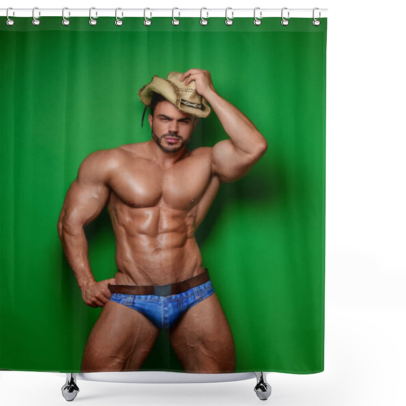 Personality  Naked Fitness Model In Cowboy Hat And Blue Jeans Shorts At Green Background Shower Curtains