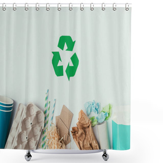 Personality  Flat Lay With Various Types Of Garbage And Recycle Sign Isolated On Grey Shower Curtains