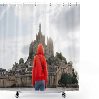 Personality  Back View Of Girl In Red Looking At Saint Michaels Mount In Normandy, France Shower Curtains