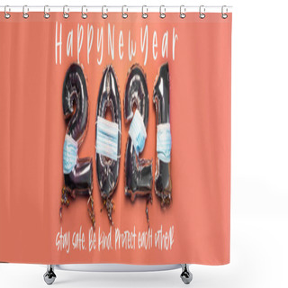 Personality  Balloon Bunting For Celebration Of New Year 2021 Made From Silver Number Balloons With Protective Face Masks On Pink Background. Stay Safe, Be Kind, Protect Each Other, Concept Of New Reality Shower Curtains
