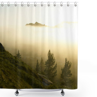 Personality  Susnset In The Foggy Mountains Shower Curtains