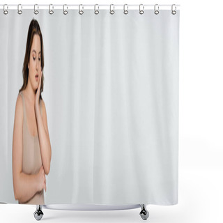 Personality  Pretty Body Positive Woman Touching Face Isolated On Grey, Banner  Shower Curtains