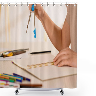 Personality  Cropped View Of Woman Holding Drawing Compass Near Sketchbook At Home  Shower Curtains
