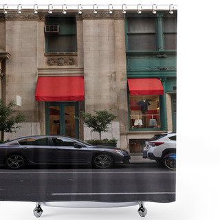 Personality  Cars Parked Near Vintage Building With Clothing Store And Red Awnings In Downtown Of New York City Shower Curtains