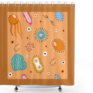 Personality  Colorful Medical Seamless Pattern With Cute Doodle Bacterias, Microbs And Dnk On Orange Background Shower Curtains