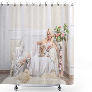 Personality  Luxurious Blonde Woman In A White Dress With A Dog Pekingese Shower Curtains