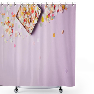 Personality  Top View Of Confetti Pieces In Paper Box And Violet Surface Shower Curtains