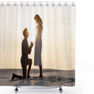 Personality  Side View Of Young Man Doing Marriage Proposal To Girlfriend On Sandy Beach At Sunset Shower Curtains