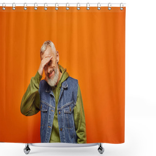 Personality  Joyful Good Looking Mature Man In Vivid Attire With Gray Beard Smiling At Camera On Orange Backdrop Shower Curtains