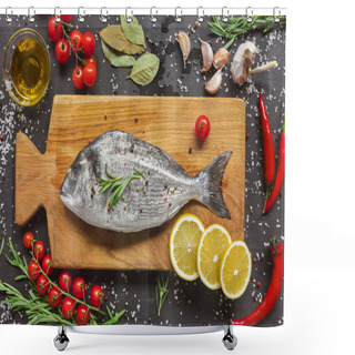 Personality  View From Above Of Food Composition With Raw Fish And Ingredients On Wooden Board Shower Curtains