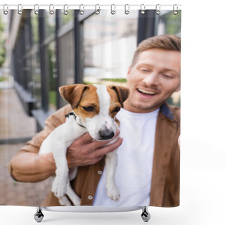 Personality  Selective Focus Of Young Man Holding Jack Russell Terrier Dog On Street Shower Curtains
