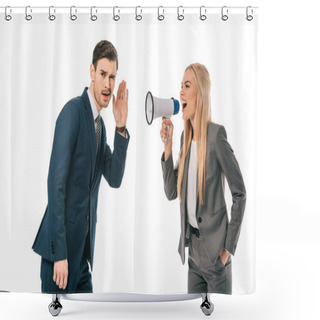 Personality  Businesswoman Shouting Into Megaphone At Male Employee Isolated On White Shower Curtains