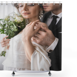 Personality  Young Bride In Jewelry, White Dress With Bridal Bouquet Touching Hands With Groom In Classic Formal Wear While Standing Together In Modern Hotel Room After Wedding Ceremony  Shower Curtains