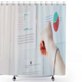 Personality  Panoramic Shot Of Businesswoman Pointing At Flipchart With Graphs And Charts Shower Curtains