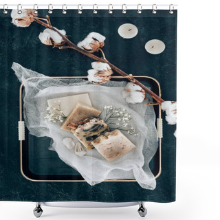 Personality  Flat Lay With Natural Homemade Soap And Dried Cotton Flowers On Gauze In Tray Shower Curtains