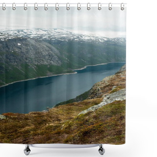 Personality  Mountains And Pond In Norway Shower Curtains