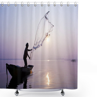 Personality  Fishermen Are Catching Fish With A Cast Net. Shower Curtains