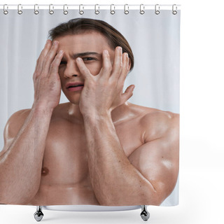 Personality  Handsome Shirtless Scared Man Posing Emotionally On Gray Background And Looking Straight At Camera Shower Curtains
