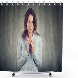 Personality  Portrait Of Sly, Scheming Woman Plotting Something Isolated On Gray Background. Negative Human Emotions, Face Expression, Feelings, Attitude Shower Curtains