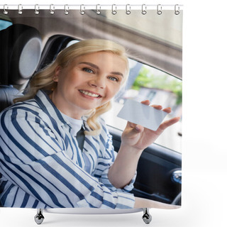 Personality  Cheerful Woman Holding Empty Driver License In Car  Shower Curtains