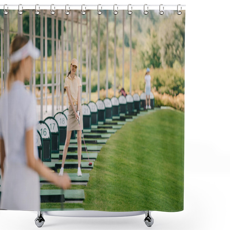 Personality  Selective Focus Of Smiling Female Golfer In Polo And Cap With Golf Club Looking At Camera At Golf Course Shower Curtains