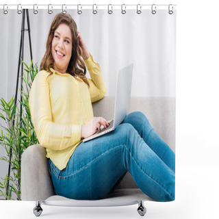 Personality  Smiling Young Woman With Laptop Resting On Sofa At Home Shower Curtains