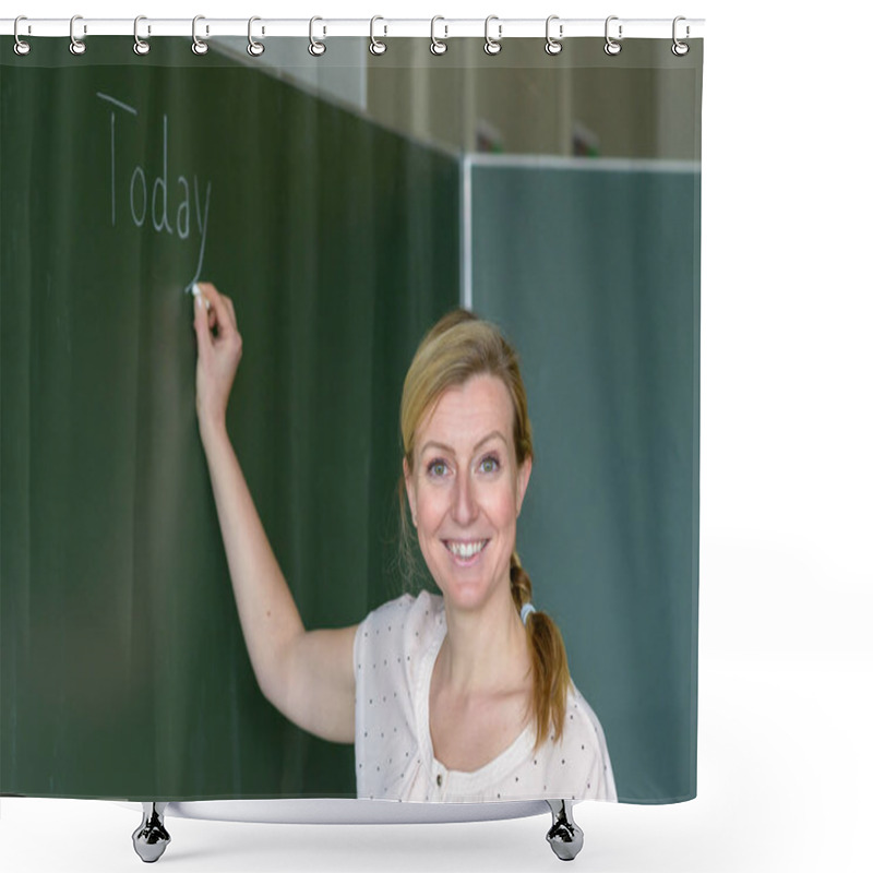 Personality  Portrait Of Female Teacher In Class Writing On The Chalkboard Today Lesson And Looking To The Camera With Friendly Face Shower Curtains