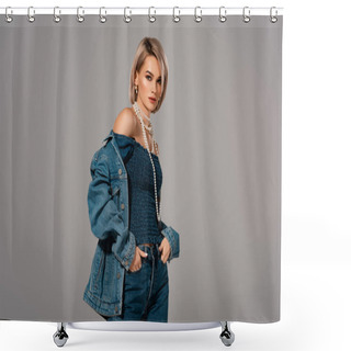 Personality  Attractive Woman In Denim Jacket And Jeans Looking At Camera Isolated On Grey Shower Curtains