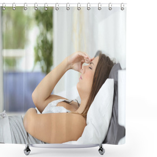 Personality  Profile Of A Woman Suffering Head Ache At Home Shower Curtains