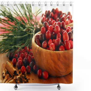 Personality  Fresh Red Cranberries In Wooden Bowls With Spices And Pine Branches Shower Curtains
