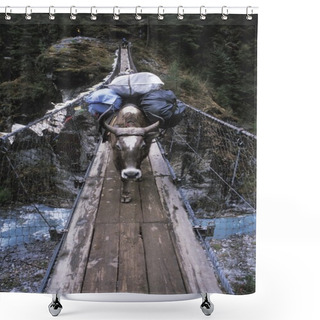 Personality  Ox Carries A Load Across A Wooden Bridge Shower Curtains