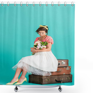 Personality  Young Woman In Retro Clothes Sitting On Vintage Suitcases With Bouquet On Turquoise Shower Curtains