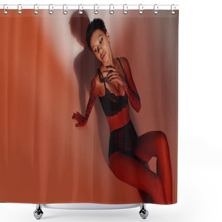 Personality  High Angle View Of Sensual Tattooed Woman In Black Lace Lingerie On Red And Brown Background Shower Curtains