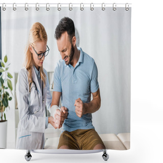 Personality  Attractive Orthopedist In Glasses Touching Injured Arm Of Man  Shower Curtains