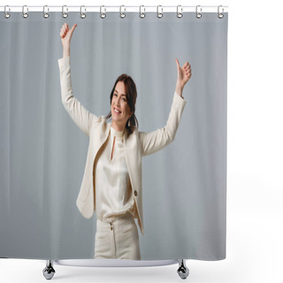 Personality  Positive Businesswoman Showing Thumbs Up Isolated On Grey, Concept Of Body Positive  Shower Curtains
