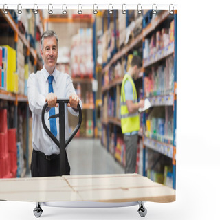 Personality  Manager Pulling Trolley With Boxes In Front Of His Employee Shower Curtains