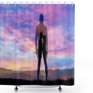 Personality  Silhouette Man On Grass With Sunset Background Shower Curtains