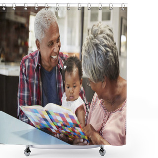 Personality  Grandparents Reading Book With Baby Granddaughter At Home Shower Curtains