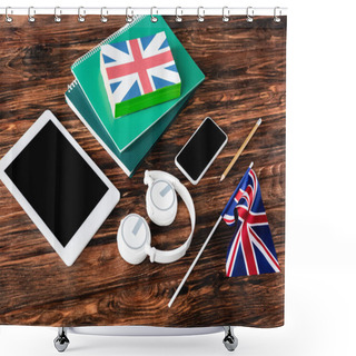 Personality  Gadgets Near Books And Copybooks And Uk Flags On Wooden Table Shower Curtains
