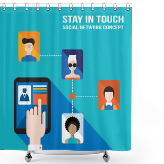 Personality  Businessman Hand Touching The Tablet Screen With Web Icons Stay In Touch Social Network And E-commerce Successful Business Concept Shower Curtains