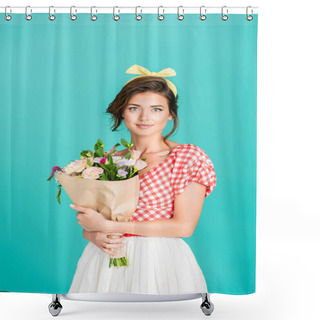 Personality  Happy Pin Up Woman Smiling At Camera While Holding Fresh Bouquet Isolated On Turquoise Shower Curtains