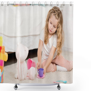 Personality  Adorable Child Playing With Rabbit Toy And Plastic Cups In Children Room Shower Curtains
