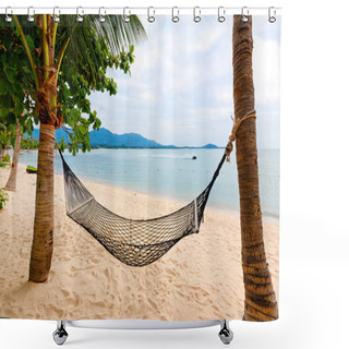 Personality  Hammock Between The Trees Against The Backdrop Of The Blue Sea. The Concept Of A Wonderful Summer Holiday Shower Curtains