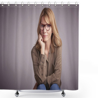 Personality  Studio Portrait Of Confident Middle Aged Woman Sitting In Front Of Light Grey Background, While Looking At Camera And Smiling.  Shower Curtains