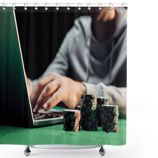 Personality  Cropped View Of Man Typing On Laptop Near Poker Chips Isolated On Black  Shower Curtains