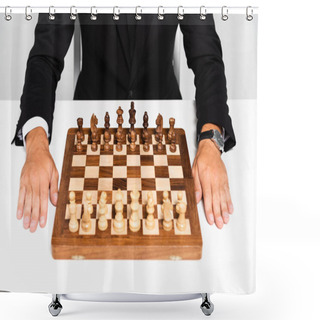 Personality  Cropped View Of Businessman In Suit Sitting Near Chessboard Isolated On Grey  Shower Curtains