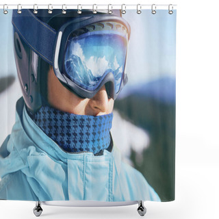 Personality  Close Up Of The Ski Goggles Of A Man With The Reflection Of Snowed Mountains.  A Mountain Range Reflected In The Ski Mask.  Portrait Of Man At The Ski Resort On The Background Of Mountains And Sky Shower Curtains