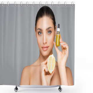 Personality  Woman With Serum And Lemon Half Isolated On Grey Shower Curtains